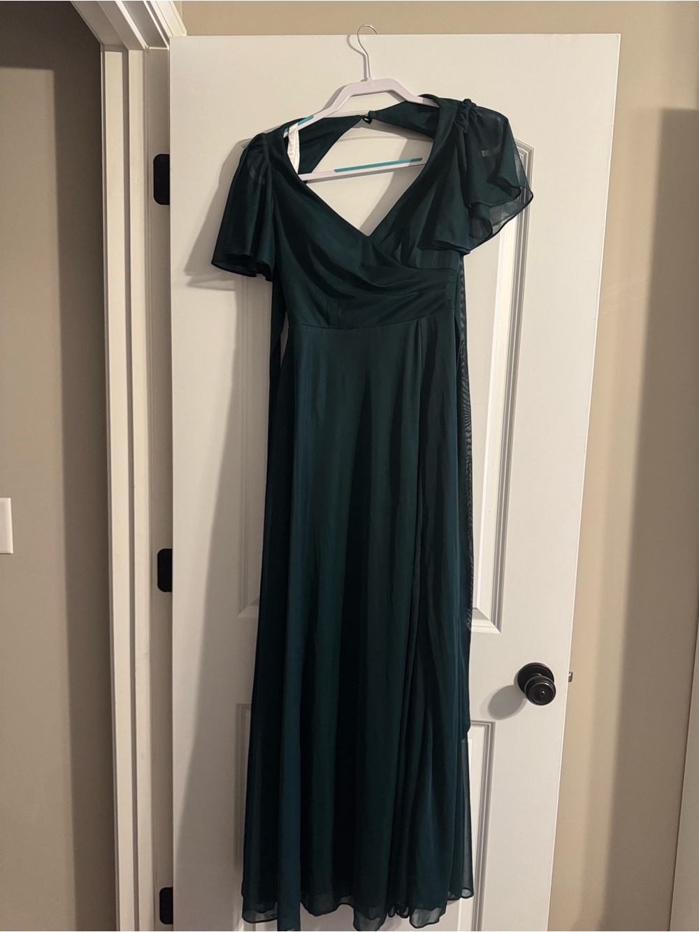 Azazie Emerald Green Chiffon V‑Neck Maxi Dress with Flutter Sleeves